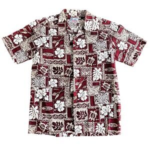 Hawaii Mens Sz M Short Sleeve Button Up Aloha Shirt Burgundy Red Hibiscus Turtle